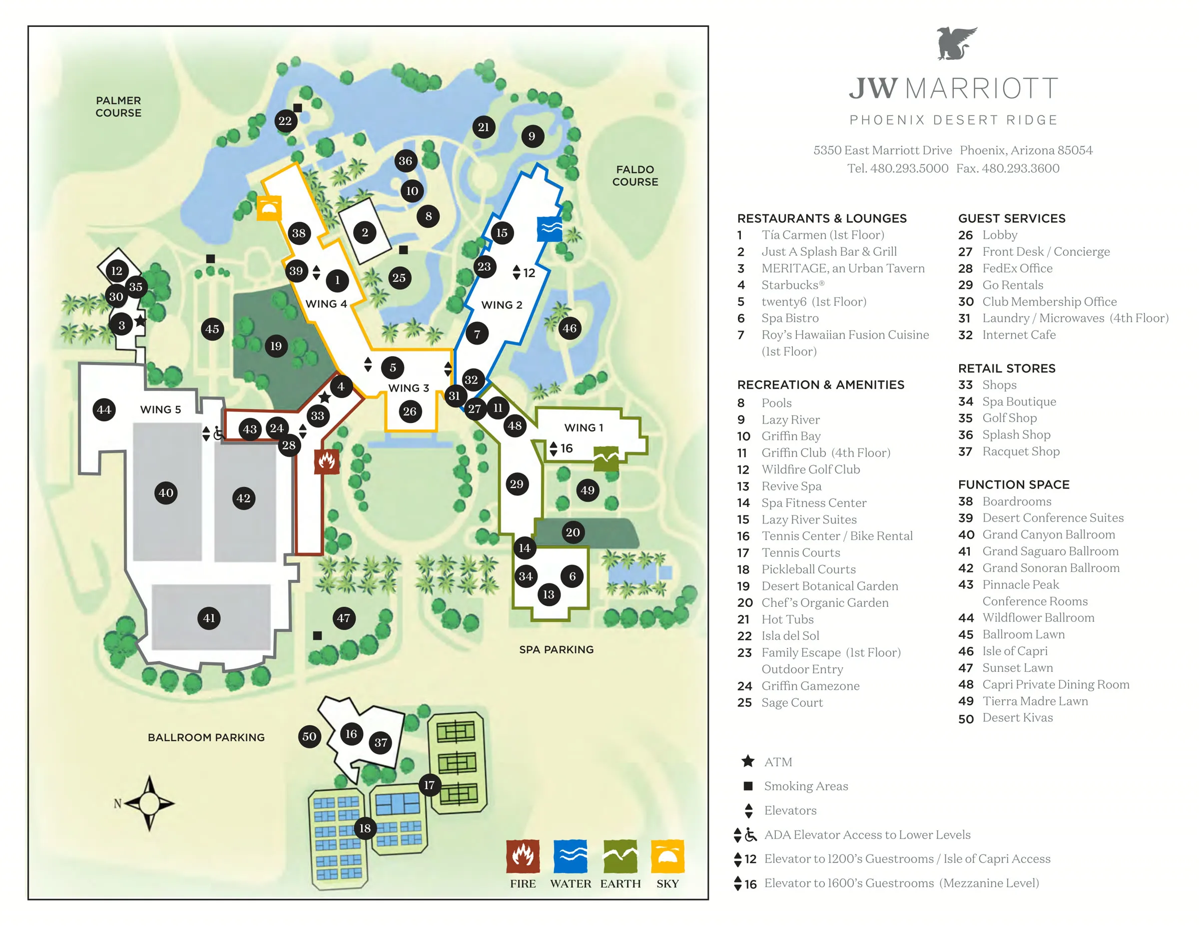 JW Marriott Phoenix Desert Ridge resort map with numbered locations and legend